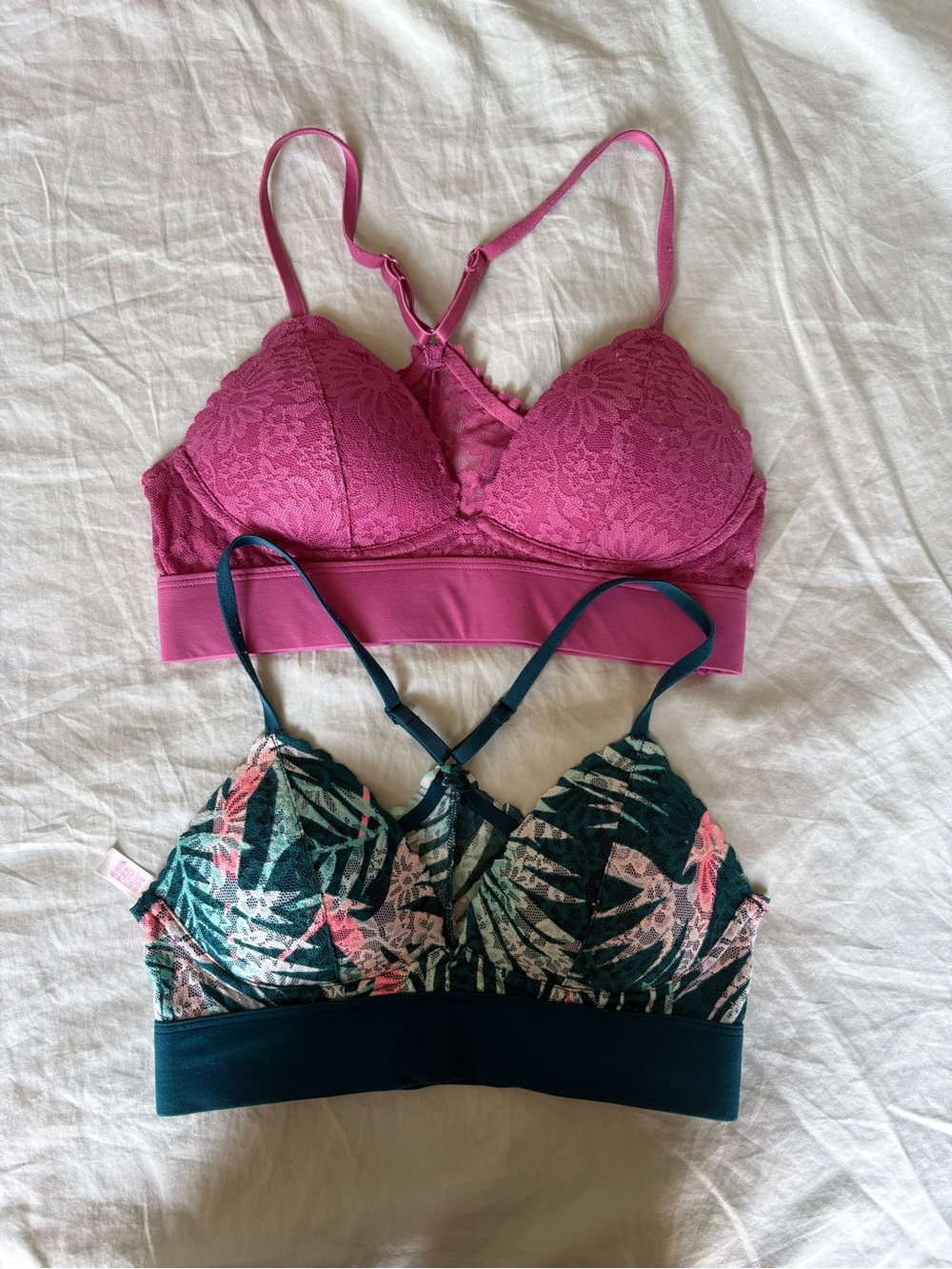 PINK Victoria's Secret Floral Teal & Pink Lace Racerback Bralettes - 2-Pack